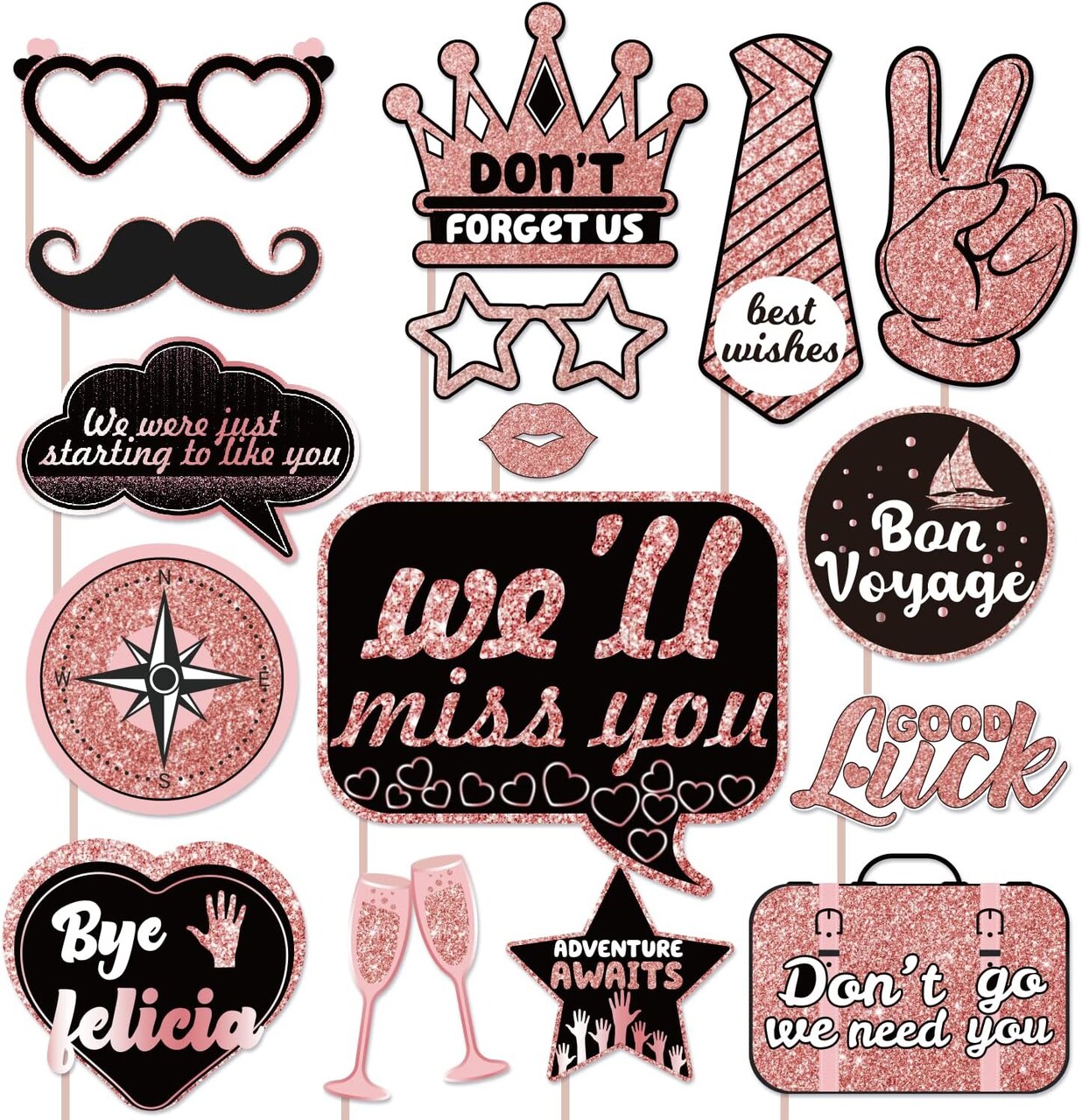 Farewell Photo Booth Props – Rose Gold Going Away & Retirement Party Decorations